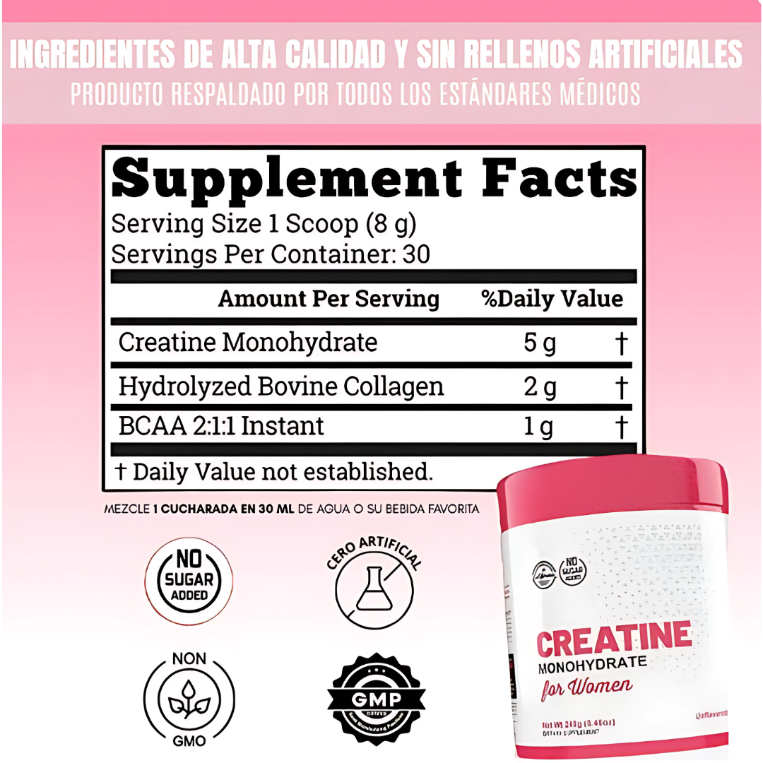 MONOHIDRATO DE CREATINA PARA MUJERES CON COLÁGENO (2*1) – Energía y belleza en un solo suplemento