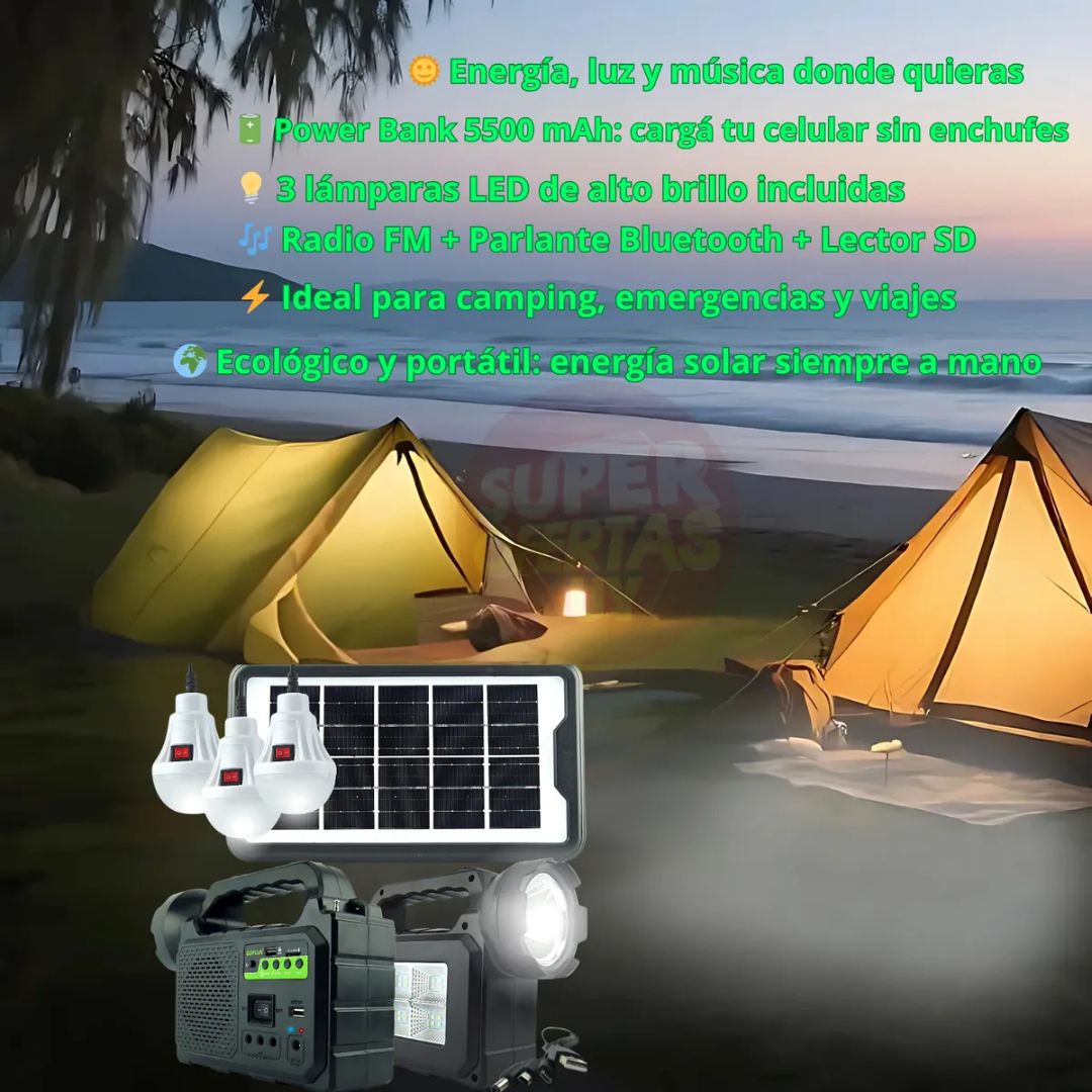 CENTRAL ELÉCTRICA SOLAR CON RADIO BT, LÁMPARA Y FOCOS – Energía, luz y conexión donde la necesites