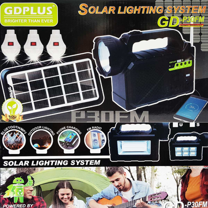 CENTRAL ELÉCTRICA SOLAR CON RADIO BT, LÁMPARA Y FOCOS – Energía, luz y conexión donde la necesites